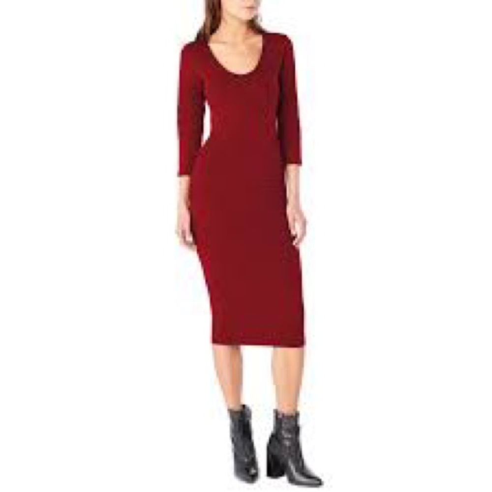 New Michael Stars Ruched Long Sleeve MIDI Dress Berry